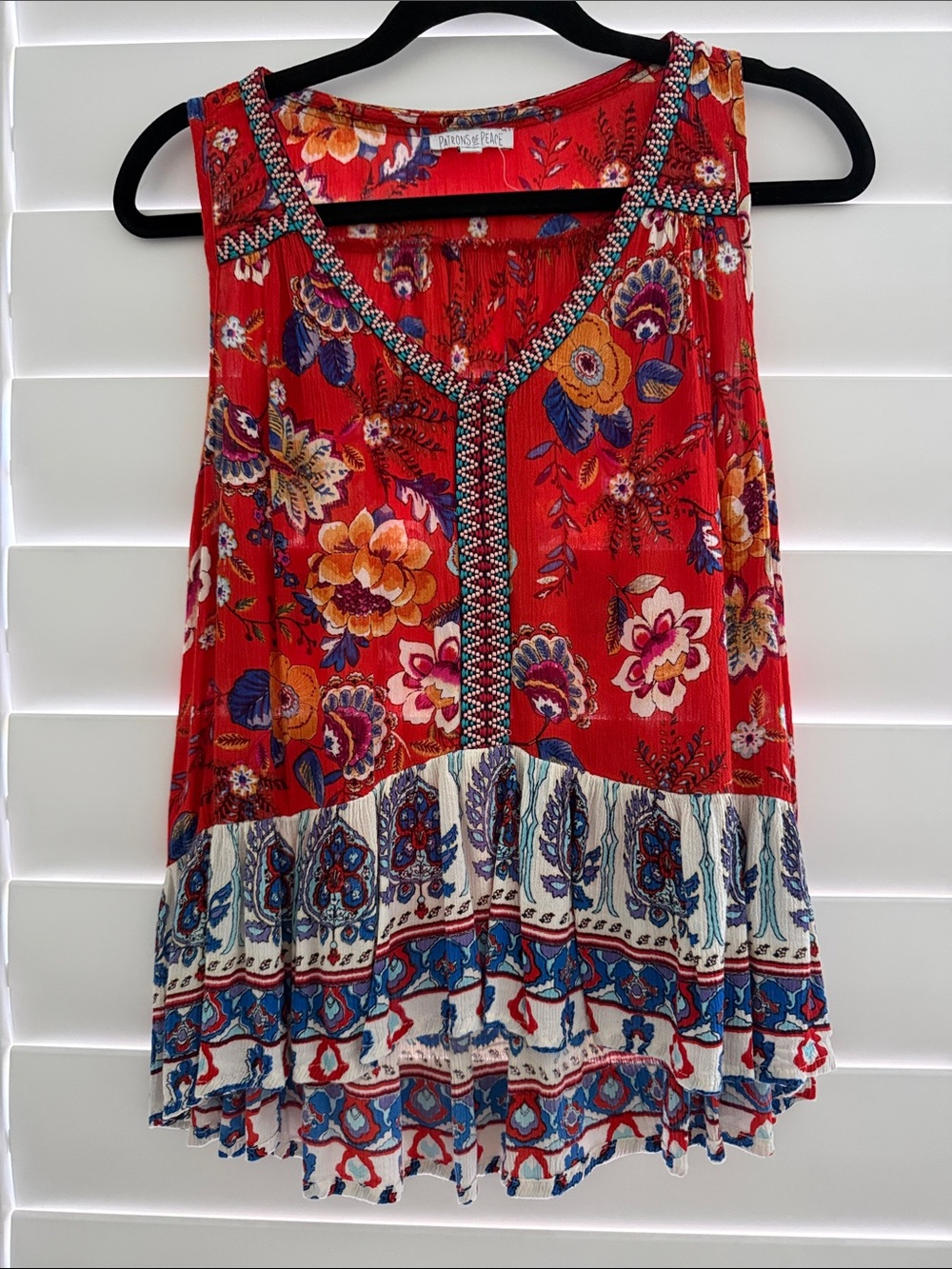 Patrons of Peace Red Floral Boho Tank with Blue-Cream Border